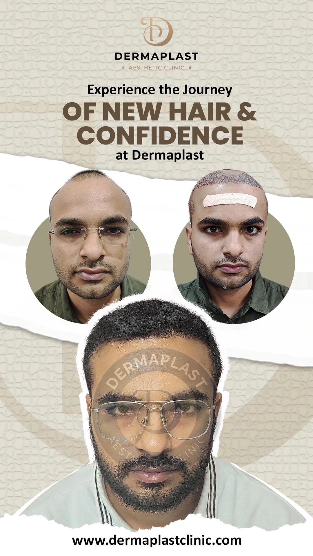 Hair transplant result at Dermaplast — case 2 of 6: the same patient before the procedure, immediately after, and at follow-up. Procedure 2 October 2023.