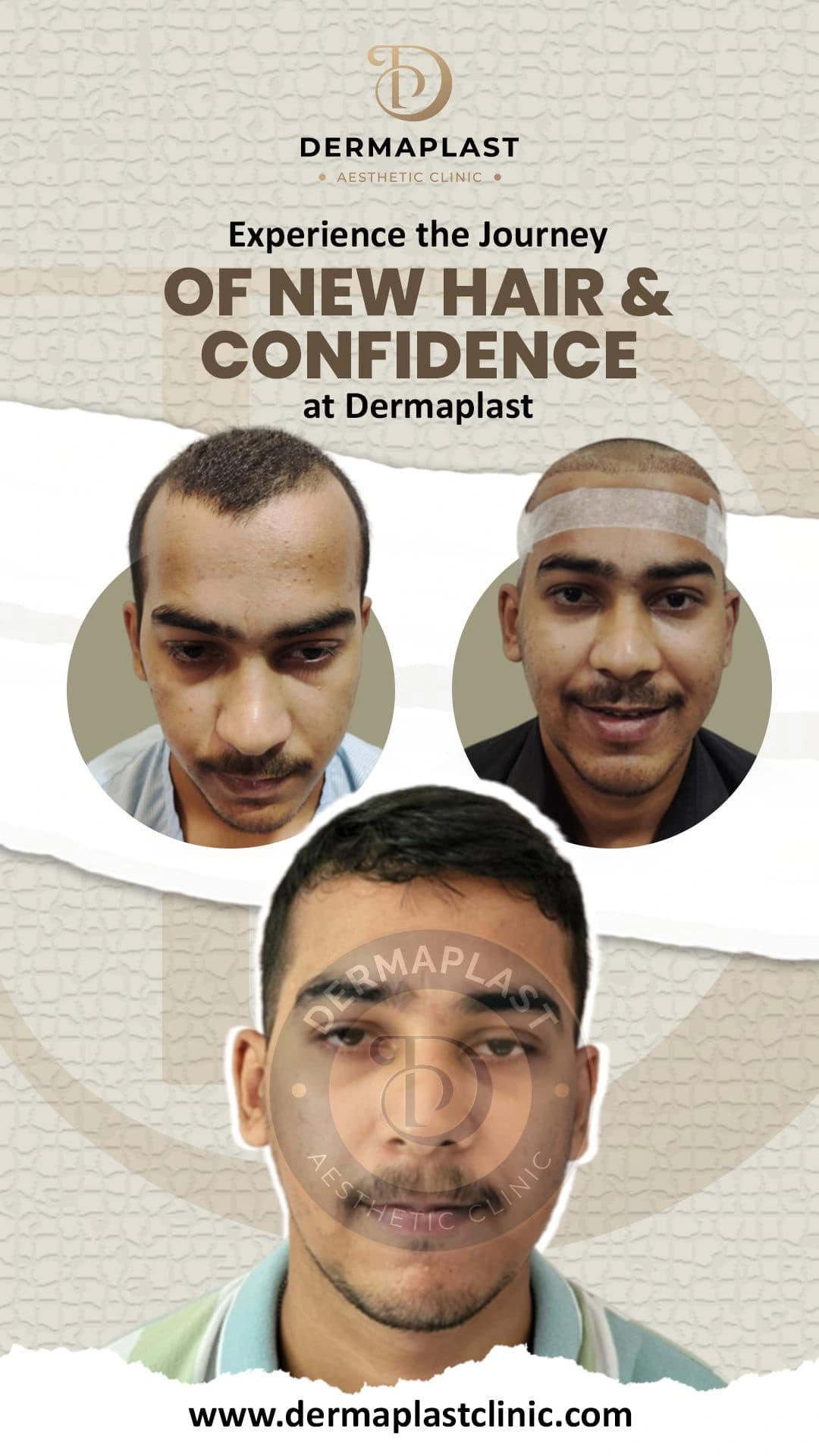 Hair transplant result at Dermaplast — case 4 of 6: the same patient before the procedure, immediately after, and at follow-up. Procedure 1 January 2024.